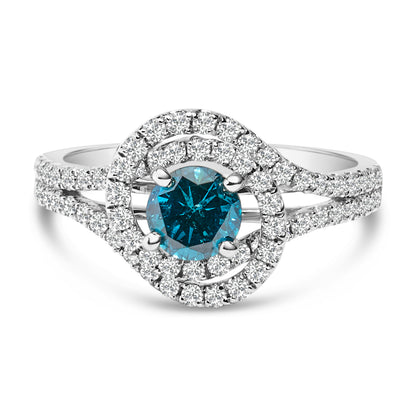 14K White Gold 1-1/3 Cttw White &amp; Blue Diamond Interweaving Double Halo Cocktail Statement Ring (G-H and Fancy Blue Color, SI2-I1 Clarity) - Size 6 by Bids.com