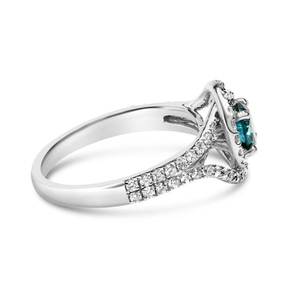 14K White Gold 1-1/3 Cttw White &amp; Blue Diamond Interweaving Double Halo Cocktail Statement Ring (G-H and Fancy Blue Color, SI2-I1 Clarity) - Size 6 by Bids.com