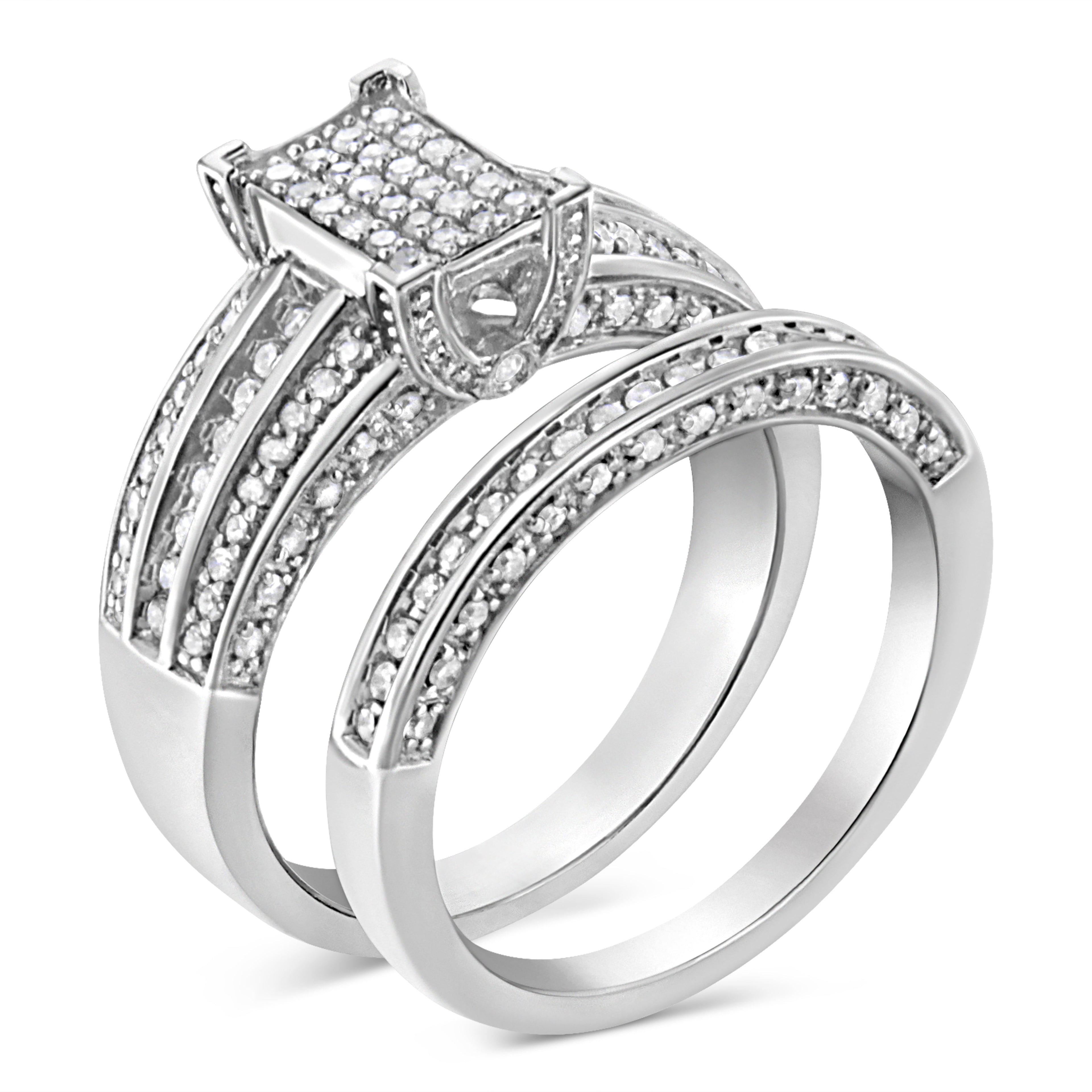 .925 Sterling Silver 3/4 Cttw Prong Set Round Diamond Composite Engagement Ring and Band Set (I-J Color, I3 Clarity) - Size 6.5 by Bids.com