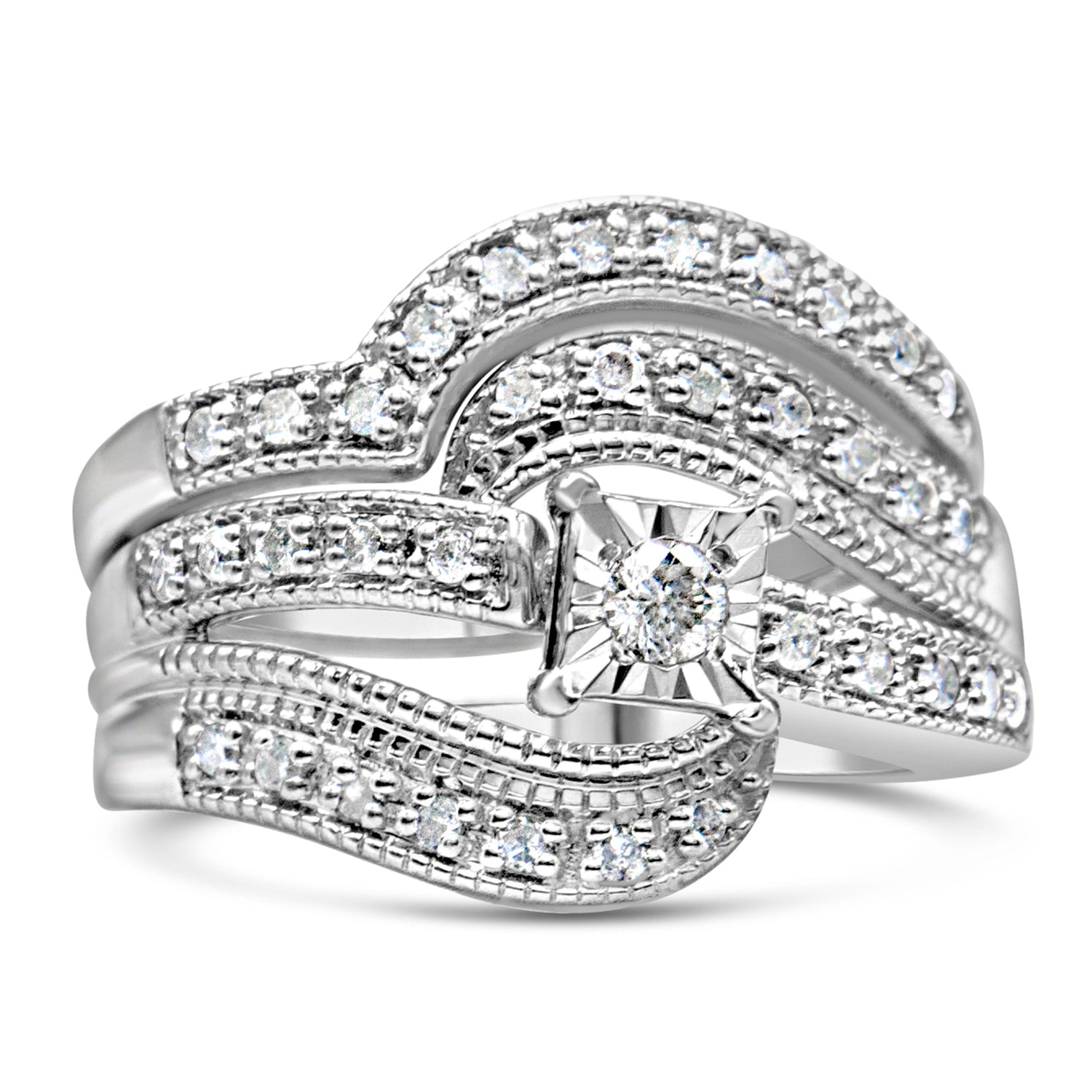 .925 Sterling Silver 1/3 Cttw Round Diamond Crisscross Engagement Ring Bridal Set (H-I Color, I1-I2 Clarity ) - Size 7 by Bids.com