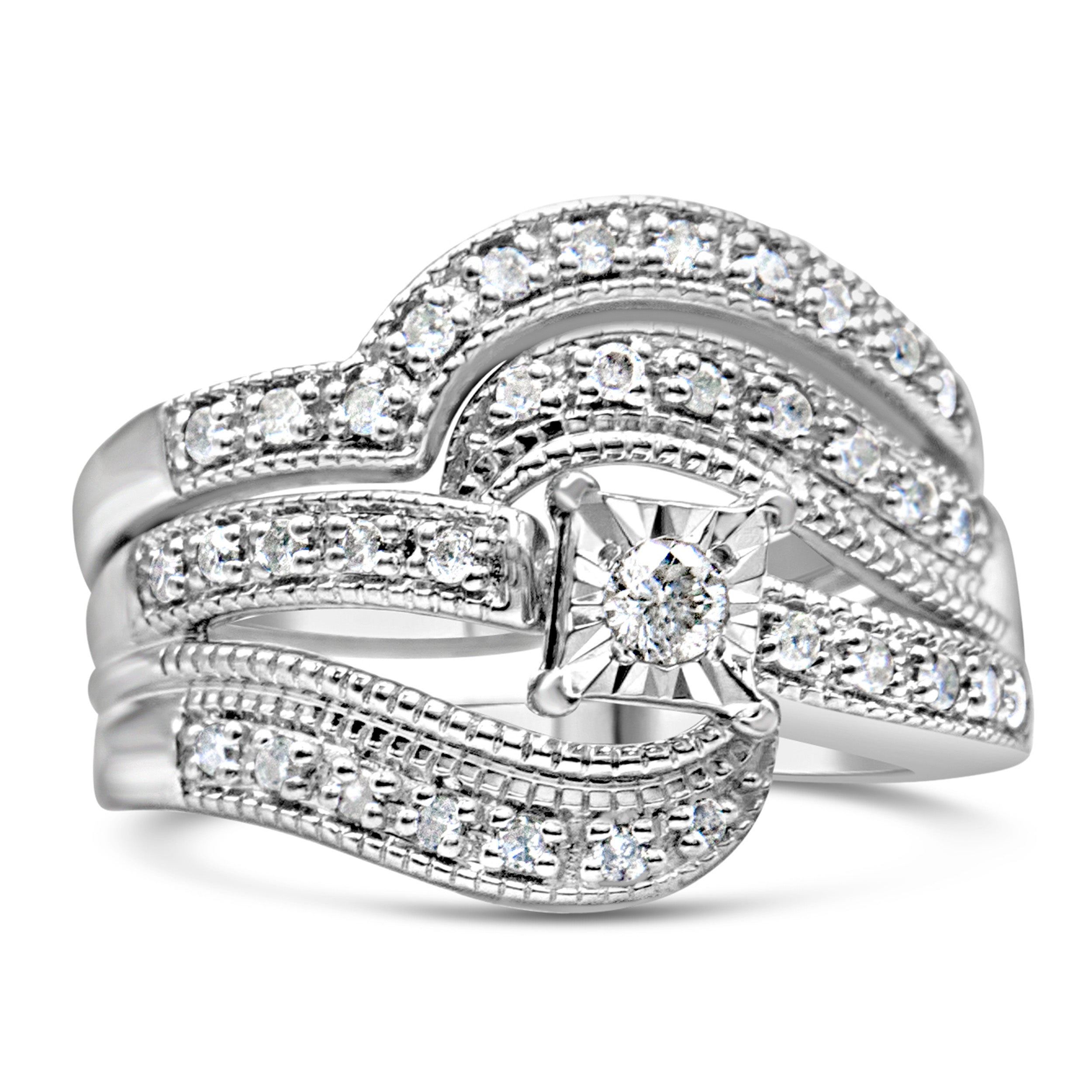 .925 Sterling Silver 1/3 Cttw Round Diamond Crisscross Engagement Ring Bridal Set (H-I Color, I1-I2 Clarity ) - Size 7 by Bids.com