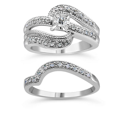 .925 Sterling Silver 1/3 Cttw Round Diamond Crisscross Engagement Ring Bridal Set (H-I Color, I1-I2 Clarity ) - Size 7 by Bids.com