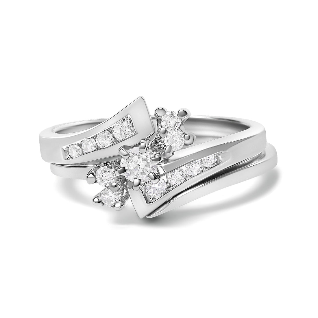 14K White Gold 3/8 Cttw Diamond Swirl Engagement Bridal Ring Set  DestGlow