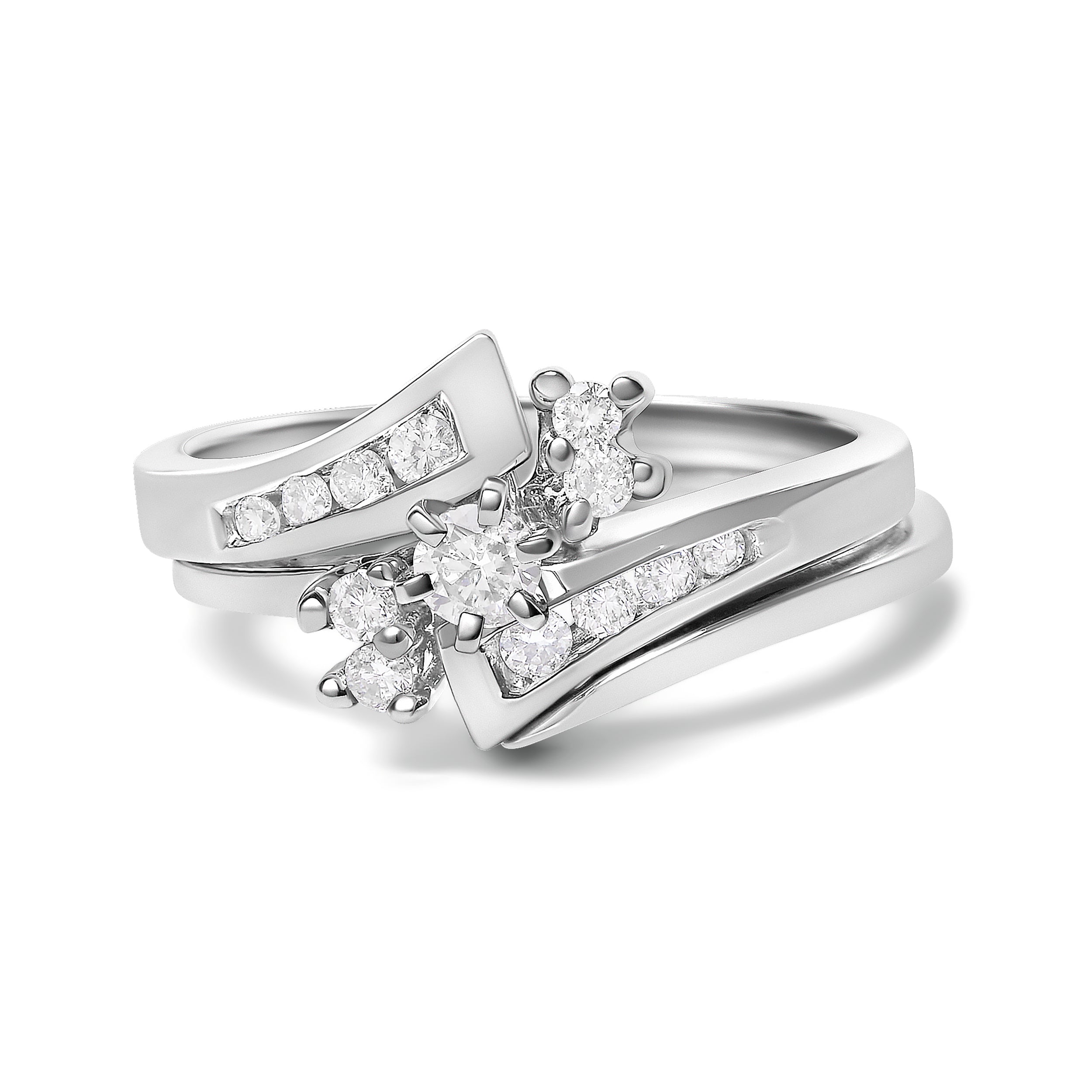 14K White Gold 3/8 Cttw Diamond Swirl Engagement Bridal Ring Set  DestGlow