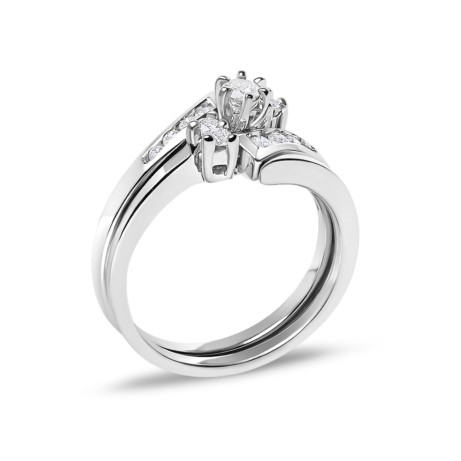 14K White Gold 3/8 Cttw Diamond Swirl Engagement Bridal Ring Set  DestGlow
