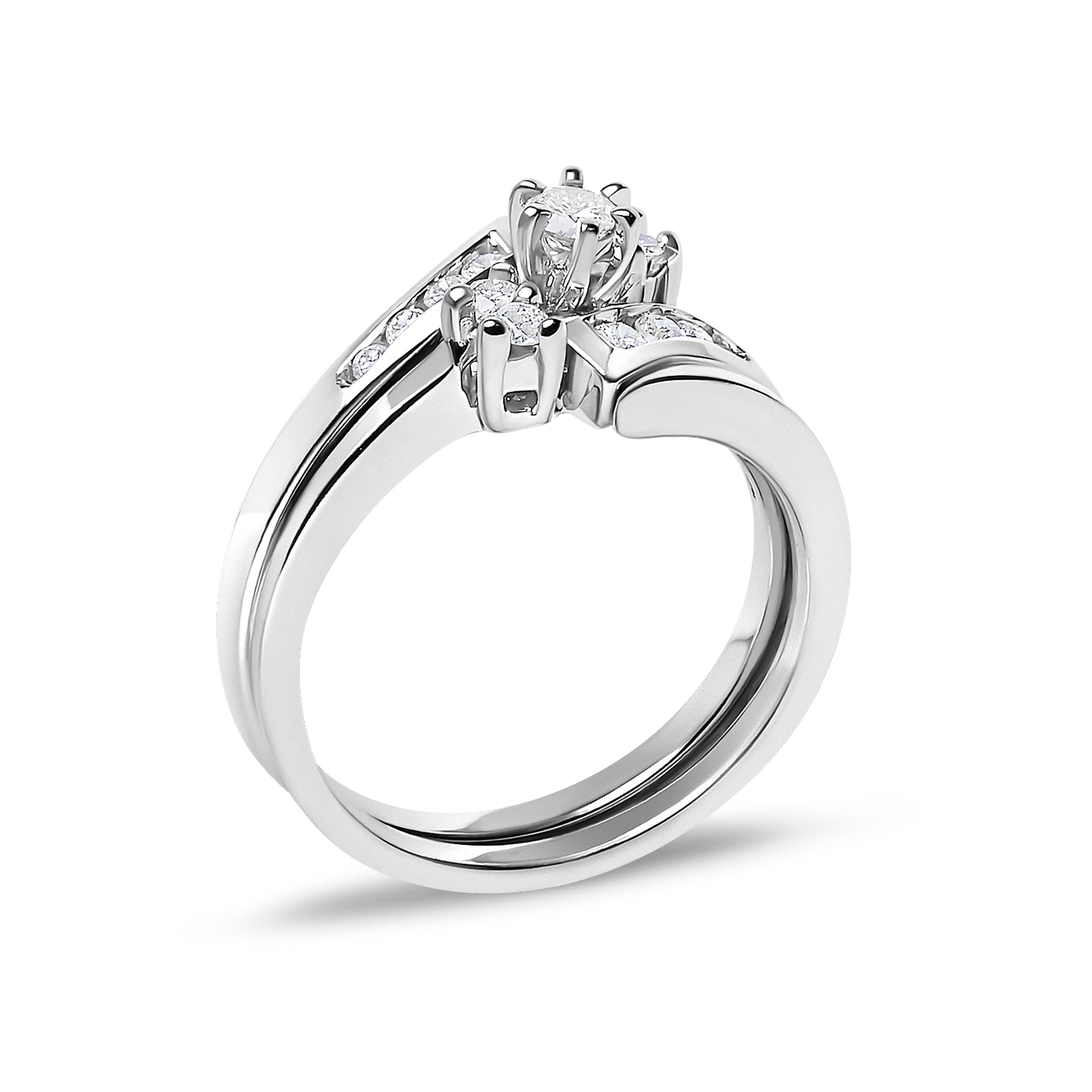 14K White Gold 3/8 Cttw Diamond Swirl Engagement Bridal Ring Set  DestGlow