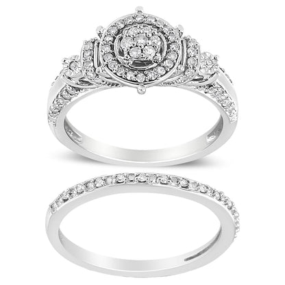 .925 Sterling Silver 1/3 Cttw Diamond 7 Stone Cluster and Halo Engagement Ring and Wedding Band Set (I-J Color, I1-I2 Clarity) - Size 7 by Bids.com