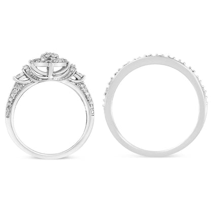 .925 Sterling Silver 1/3 Cttw Diamond 7 Stone Cluster and Halo Engagement Ring and Wedding Band Set (I-J Color, I1-I2 Clarity) - Size 7 by Bids.com