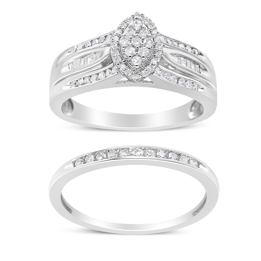 .925 Sterling Silver 1/2 Cttw Round and Baguette-Cut Diamond Engagement Bridal Set (I-J Color, I1-I2 Clarity) - Size 7  DestGlow