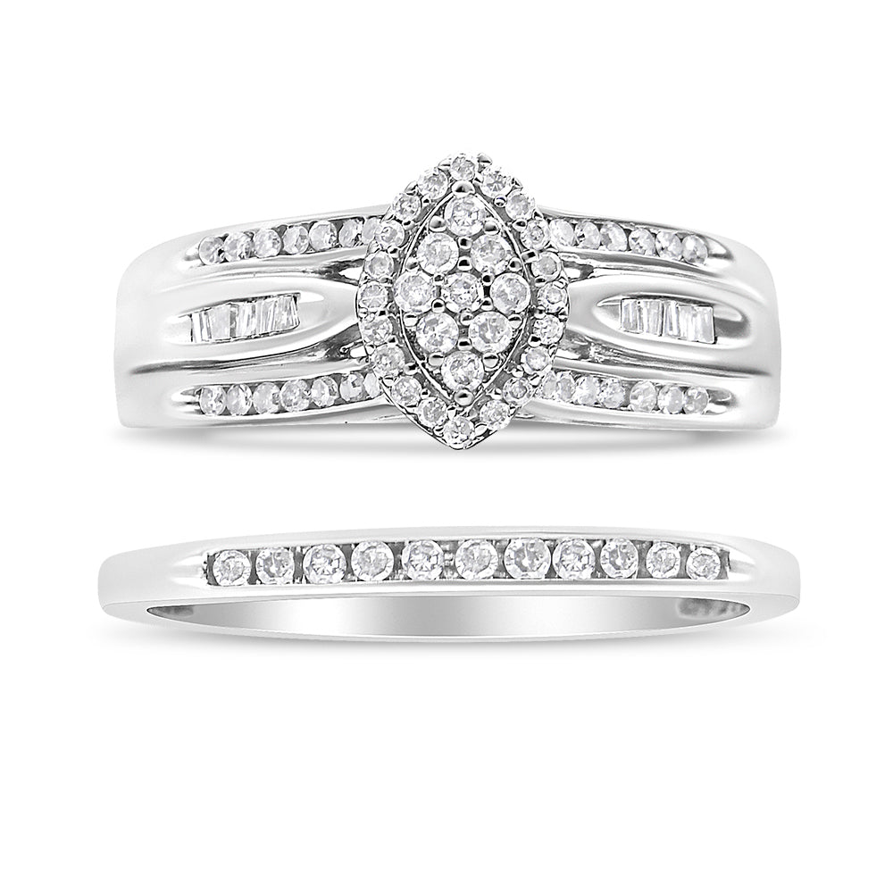 .925 Sterling Silver 1/2 Cttw Round and Baguette-Cut Diamond Engagement Bridal Set (I-J Color, I1-I2 Clarity) - Size 7  DestGlow