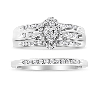 .925 Sterling Silver 1/2 Cttw Round and Baguette-Cut Diamond Engagement Bridal Set (I-J Color, I1-I2 Clarity) - Size 7  DestGlow