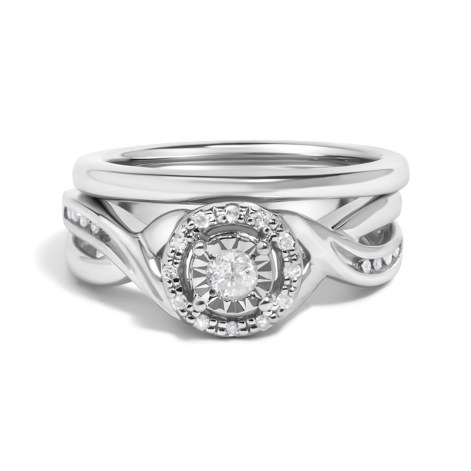 .925 Sterling Silver 1/7 Cttw Diamond Halo Bypass Engagement Ring and Wedding Band Set (I-J Color, I3 Clarity)- Size 7 by Bids.com