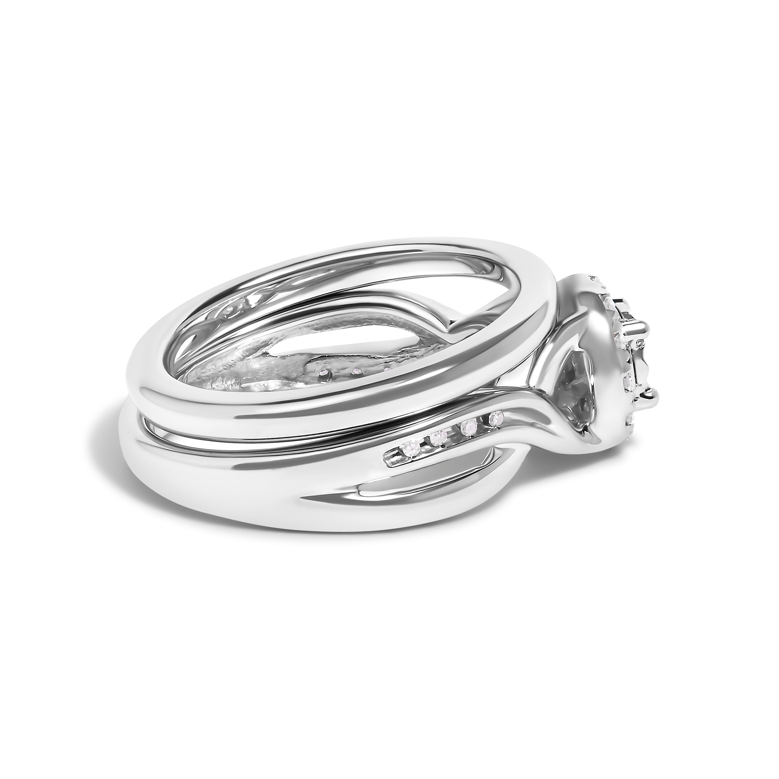.925 Sterling Silver 1/7 Cttw Diamond Halo Bypass Engagement Ring and Wedding Band Set (I-J Color, I3 Clarity)- Size 7 by Bids.com