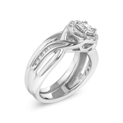 .925 Sterling Silver 1/7 Cttw Diamond Halo Bypass Engagement Ring and Wedding Band Set (I-J Color, I3 Clarity)- Size 7 by Bids.com