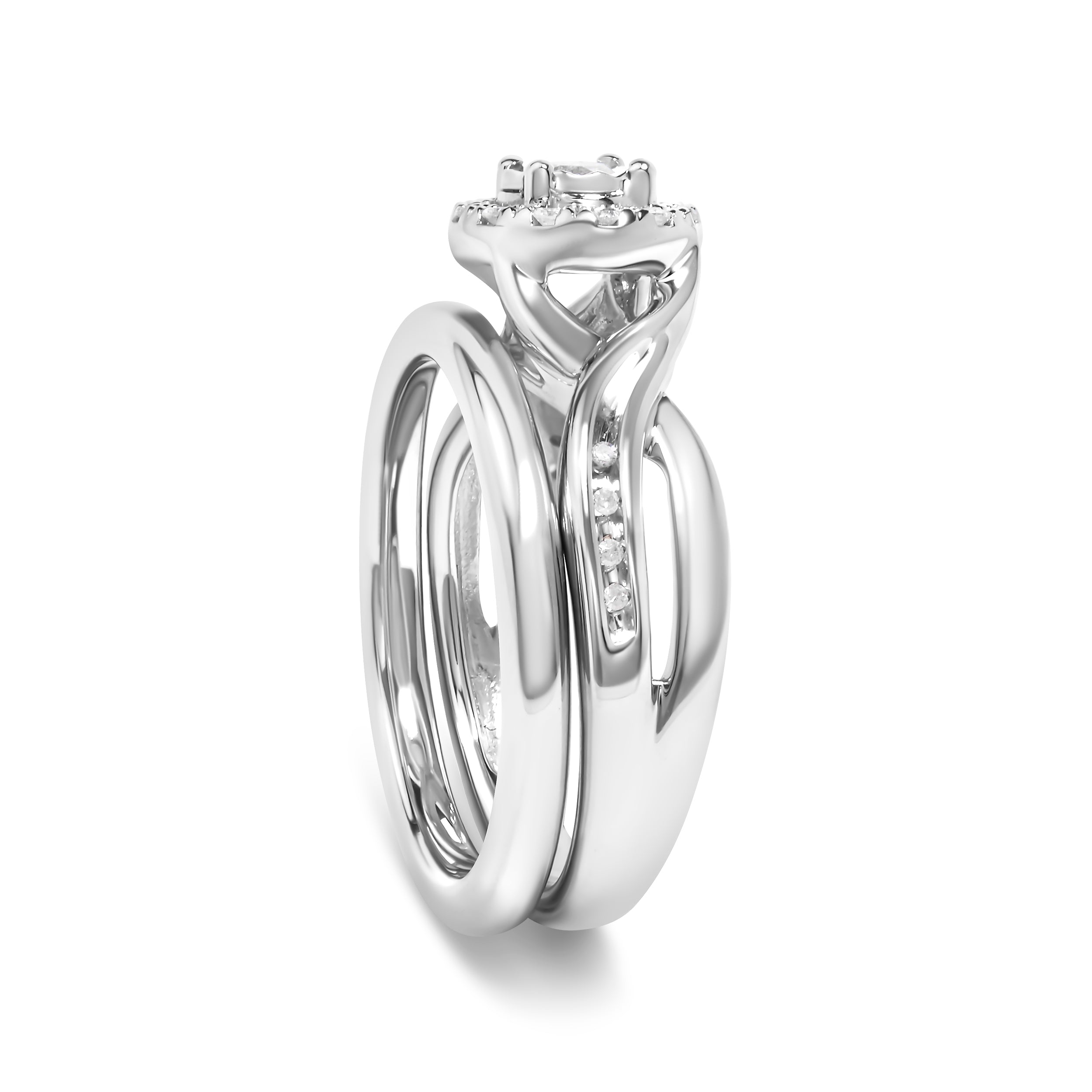 .925 Sterling Silver 1/7 Cttw Diamond Halo Bypass Engagement Ring and Wedding Band Set (I-J Color, I3 Clarity)- Size 7 by Bids.com