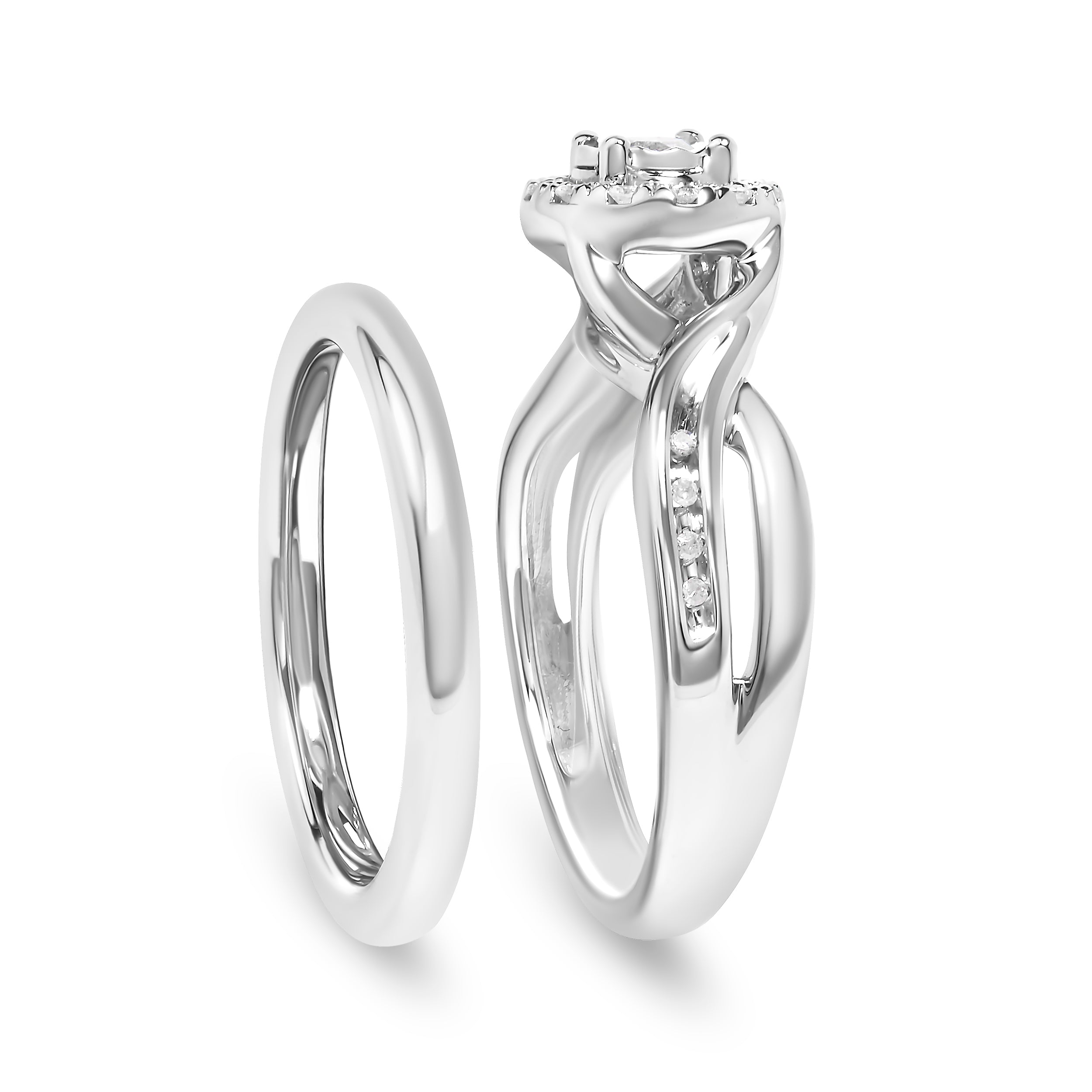 .925 Sterling Silver 1/7 Cttw Diamond Halo Bypass Engagement Ring and Wedding Band Set (I-J Color, I3 Clarity)- Size 7 by Bids.com