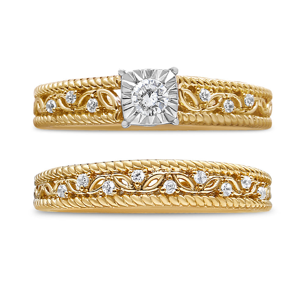 14K Yellow Gold Plated .925 Sterling Silver 1/5 Cttw Diamond Art Deco Style Engagement Ring Bridal Set (I-J Color, I3 Clarity) - Ring Size 7 by Bids.com