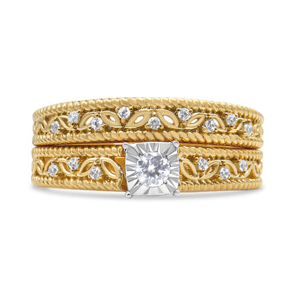 14K Yellow Gold Plated .925 Sterling Silver 1/5 Cttw Diamond Art Deco Style Engagement Ring Bridal Set (I-J Color, I3 Clarity) - Ring Size 7 by Bids.com