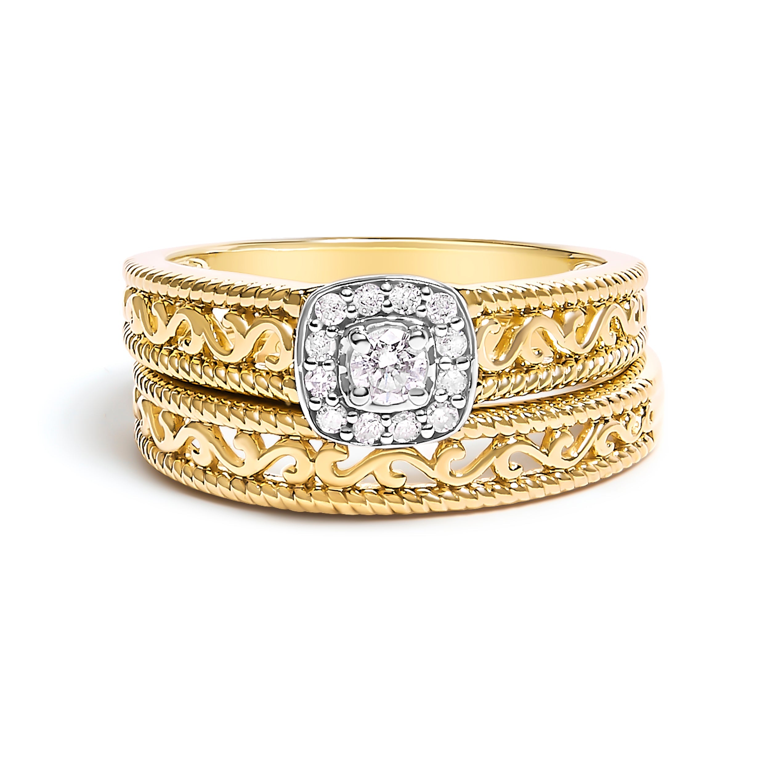 14K Yellow Gold Plated .925 Sterling Silver 1/5 Cttw Diamond Halo and Milgrain Finish Engagement Ring Bridal Set (I-J Color I3 Clarity) - Size 7 by Bids.com