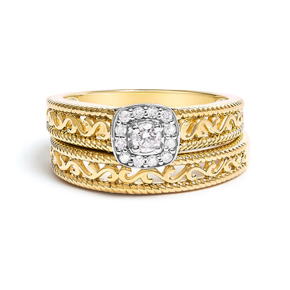 14K Yellow Gold Plated .925 Sterling Silver 1/5 Cttw Diamond Halo and Milgrain Finish Engagement Ring Bridal Set (I-J Color I3 Clarity) - Size 7 by Bids.com