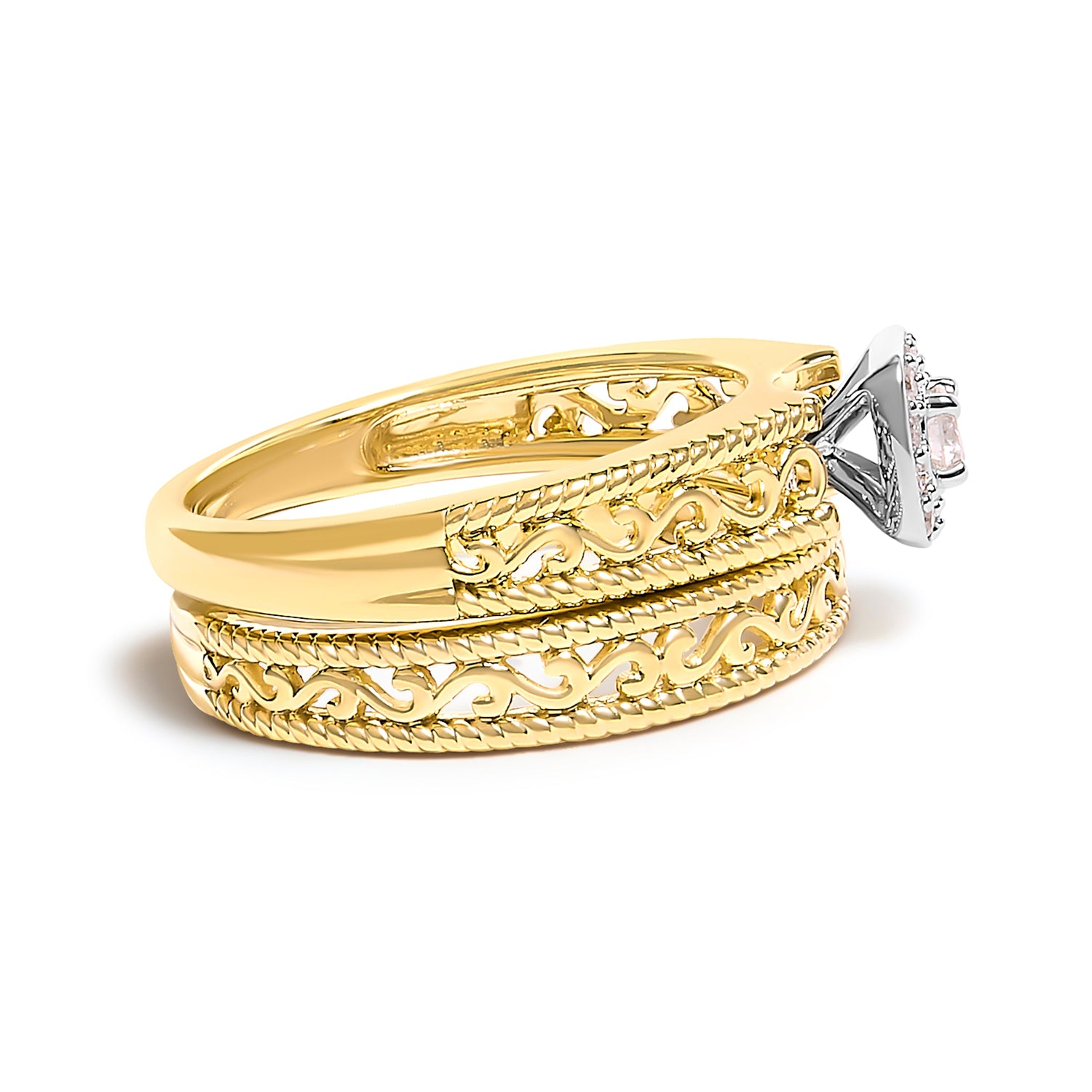 14K Yellow Gold Plated .925 Sterling Silver 1/5 Cttw Diamond Halo and Milgrain Finish Engagement Ring Bridal Set (I-J Color I3 Clarity) - Size 7 by Bids.com
