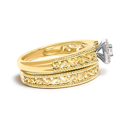 14K Yellow Gold Plated .925 Sterling Silver 1/5 Cttw Diamond Halo and Milgrain Finish Engagement Ring Bridal Set (I-J Color I3 Clarity) - Size 7 by Bids.com