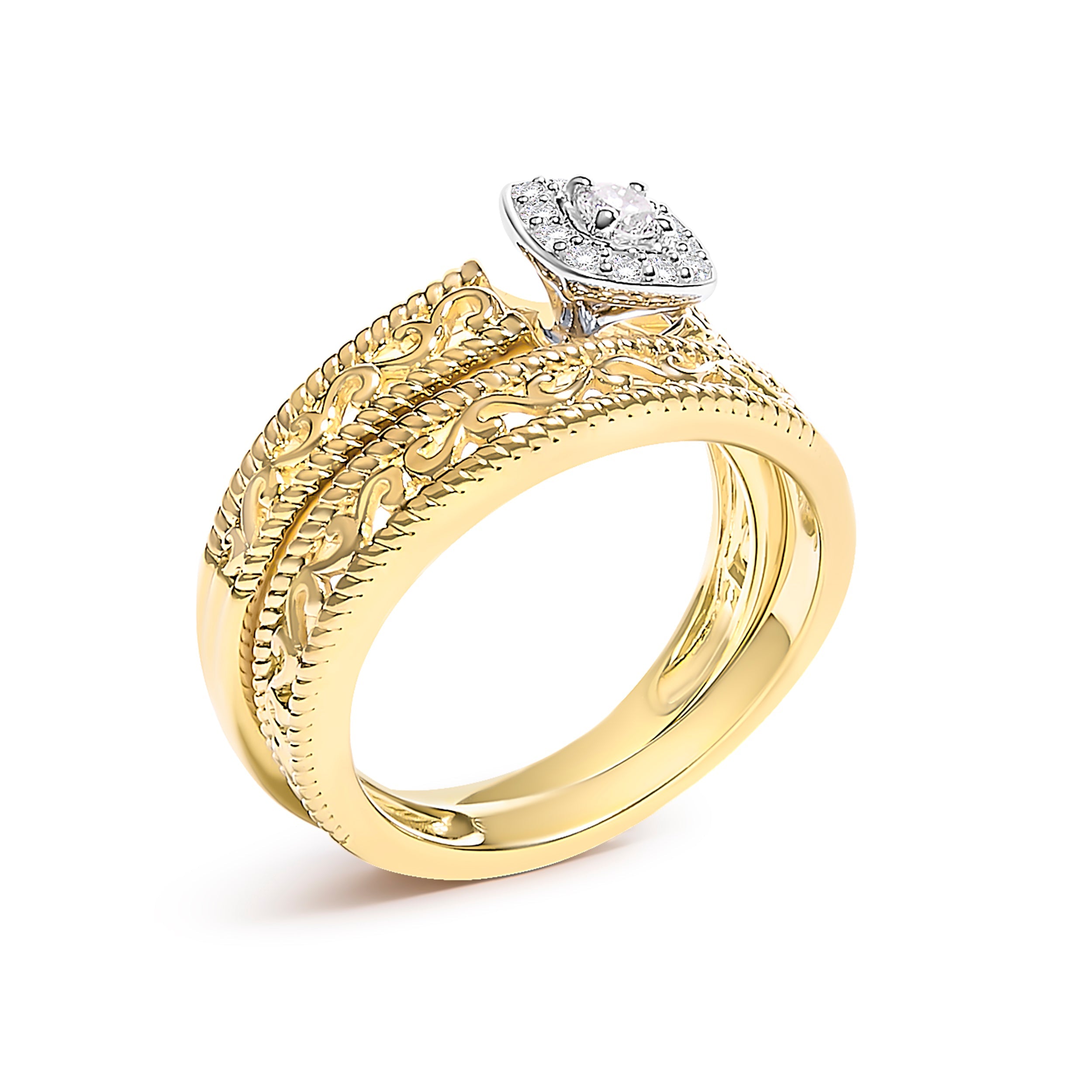 14K Yellow Gold Plated .925 Sterling Silver 1/5 Cttw Diamond Halo and Milgrain Finish Engagement Ring Bridal Set (I-J Color I3 Clarity) - Size 7 by Bids.com