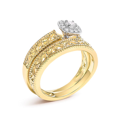 14K Yellow Gold Plated .925 Sterling Silver 1/5 Cttw Diamond Halo and Milgrain Finish Engagement Ring Bridal Set (I-J Color I3 Clarity) - Size 7 by Bids.com
