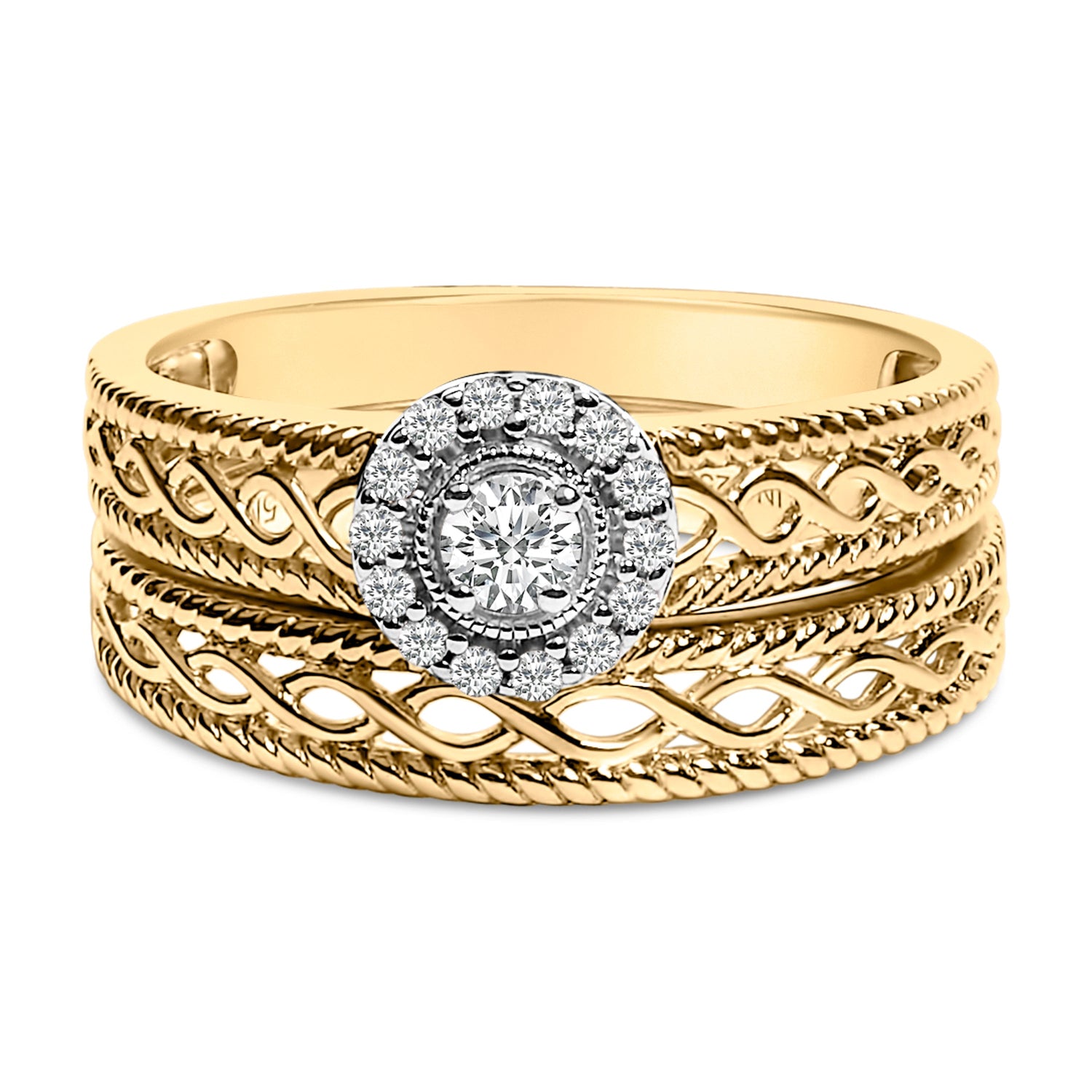 14K Yellow Gold Plated .925 Sterling Silver 1/5 Cttw Diamond Halo Engagement Ring and Wedding Band Set (I-J Color, I3 Clarity) - Size 7  DestGlow