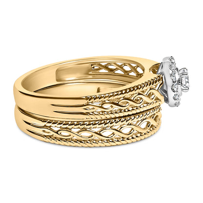 14K Yellow Gold Plated .925 Sterling Silver 1/5 Cttw Diamond Halo Engagement Ring and Wedding Band Set (I-J Color, I3 Clarity) - Size 7  DestGlow