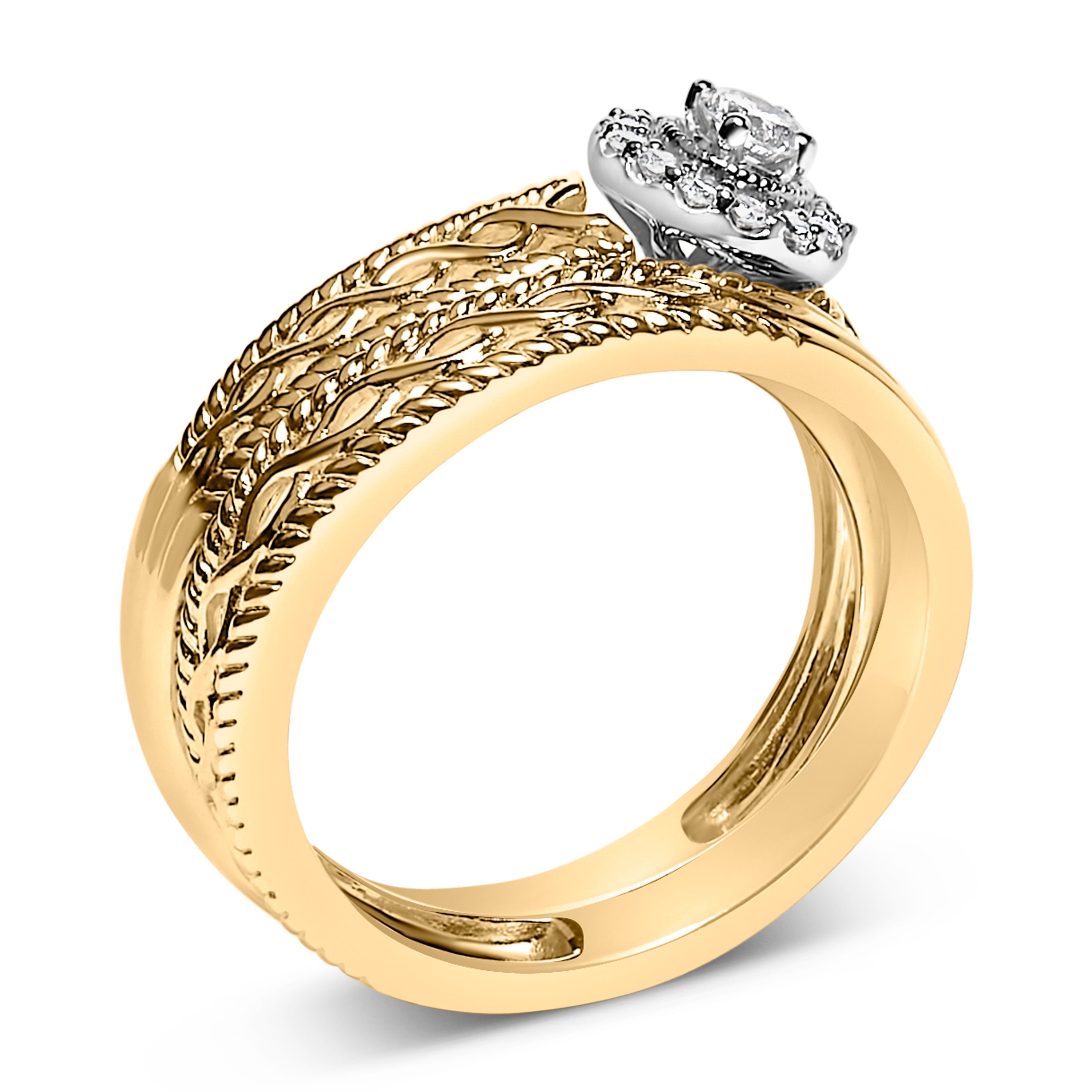 14K Yellow Gold Plated .925 Sterling Silver 1/5 Cttw Diamond Halo Engagement Ring and Wedding Band Set (I-J Color, I3 Clarity) - Size 7  DestGlow
