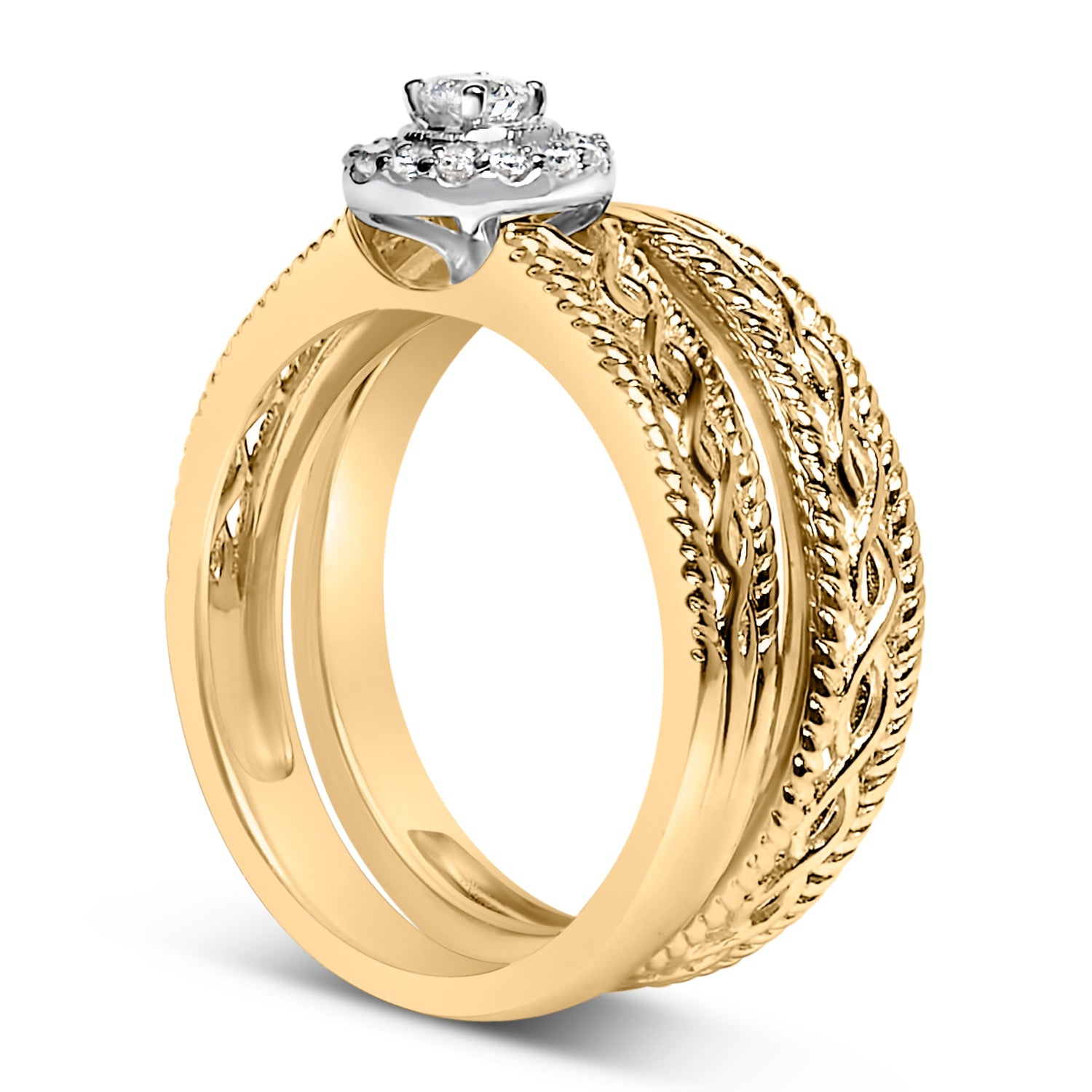 14K Yellow Gold Plated .925 Sterling Silver 1/5 Cttw Diamond Halo Engagement Ring and Wedding Band Set (I-J Color, I3 Clarity) - Size 7  DestGlow