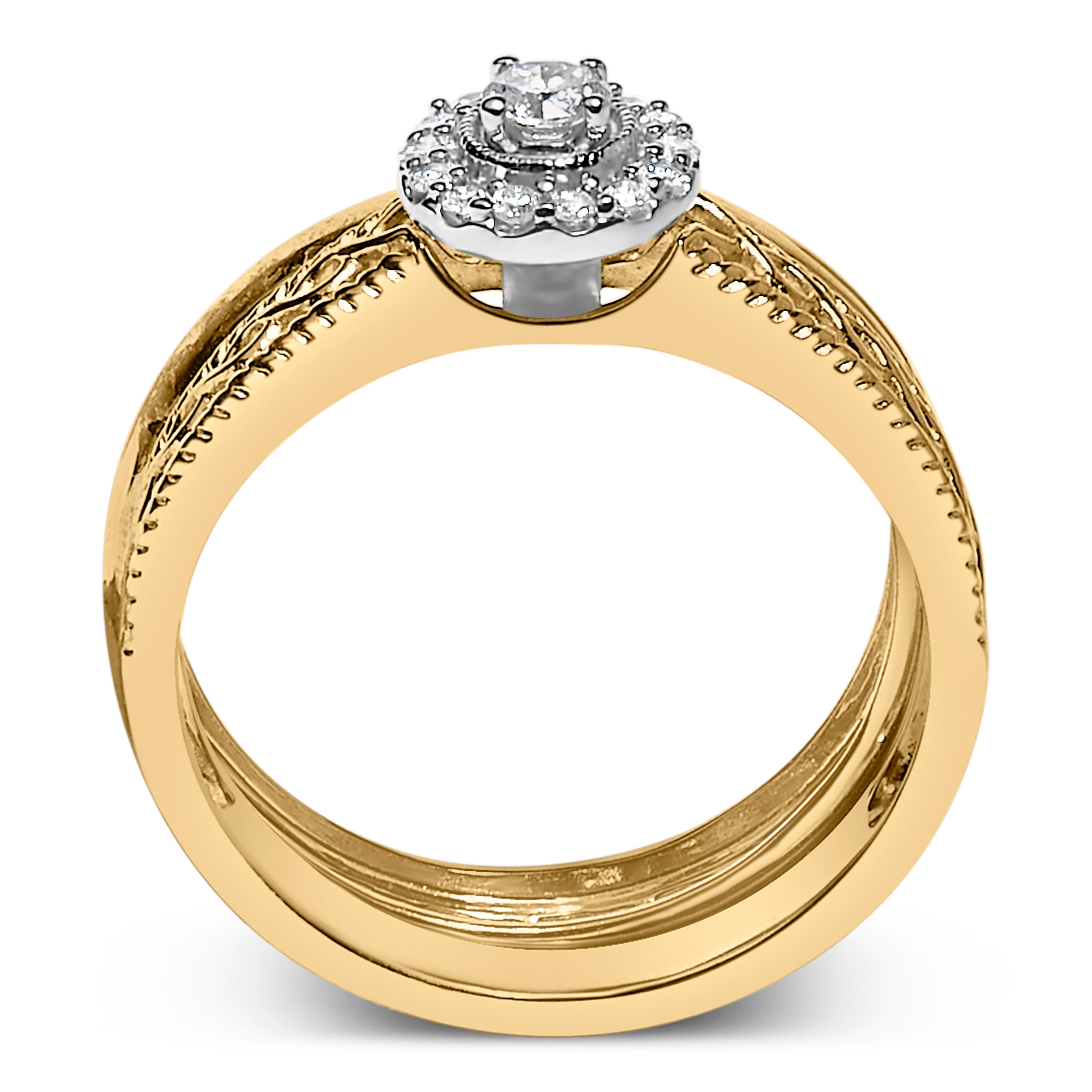 14K Yellow Gold Plated .925 Sterling Silver 1/5 Cttw Diamond Halo Engagement Ring and Wedding Band Set (I-J Color, I3 Clarity) - Size 7  DestGlow