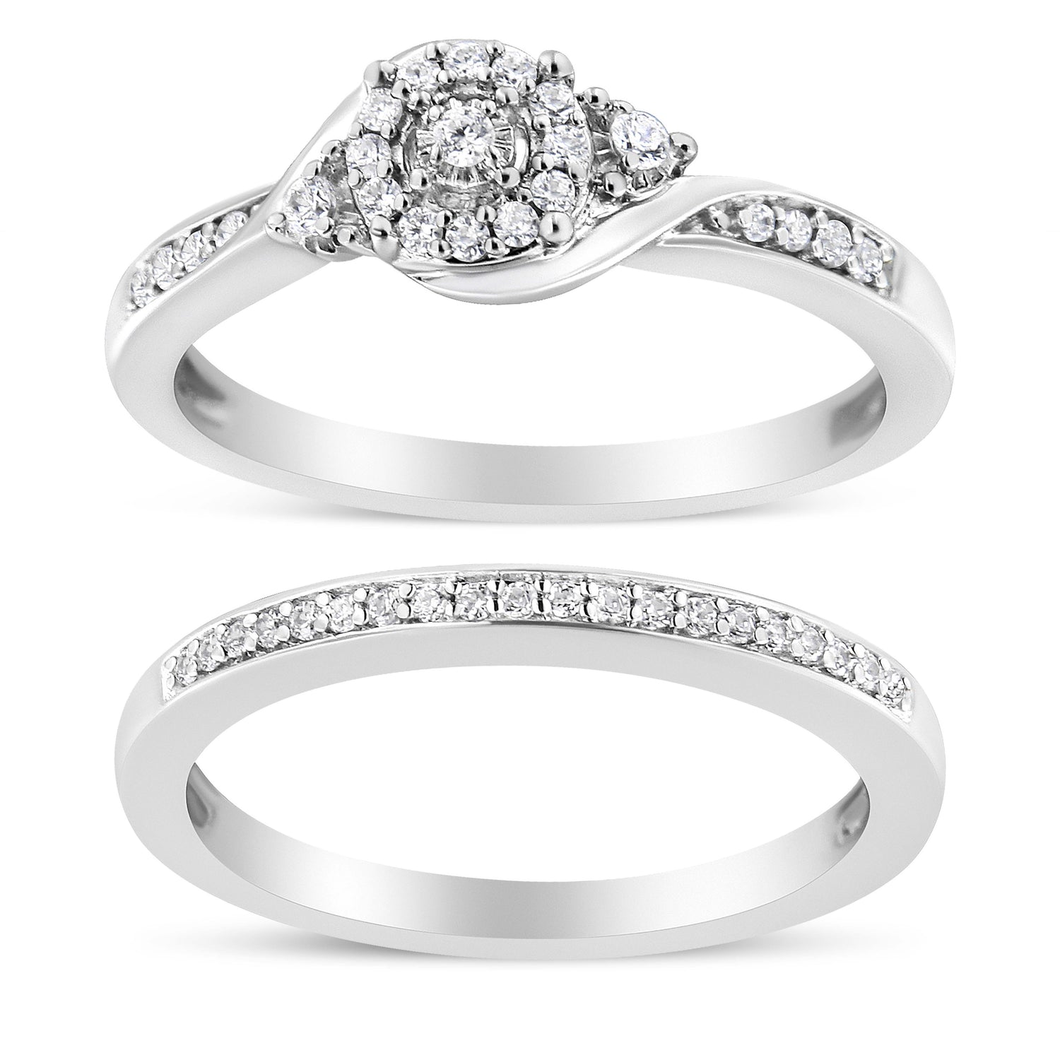 .925 Sterling Silver 1/4 Cttw Diamond Halo and Swirl Engagement Ring and Wedding Band Set (I-J Color, I3 Clarity)- Ring Size 7 by Bids.com