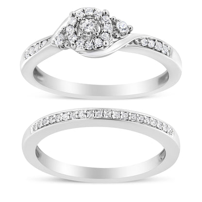.925 Sterling Silver 1/4 Cttw Diamond Halo and Swirl Engagement Ring and Wedding Band Set (I-J Color, I3 Clarity)- Ring Size 7 by Bids.com