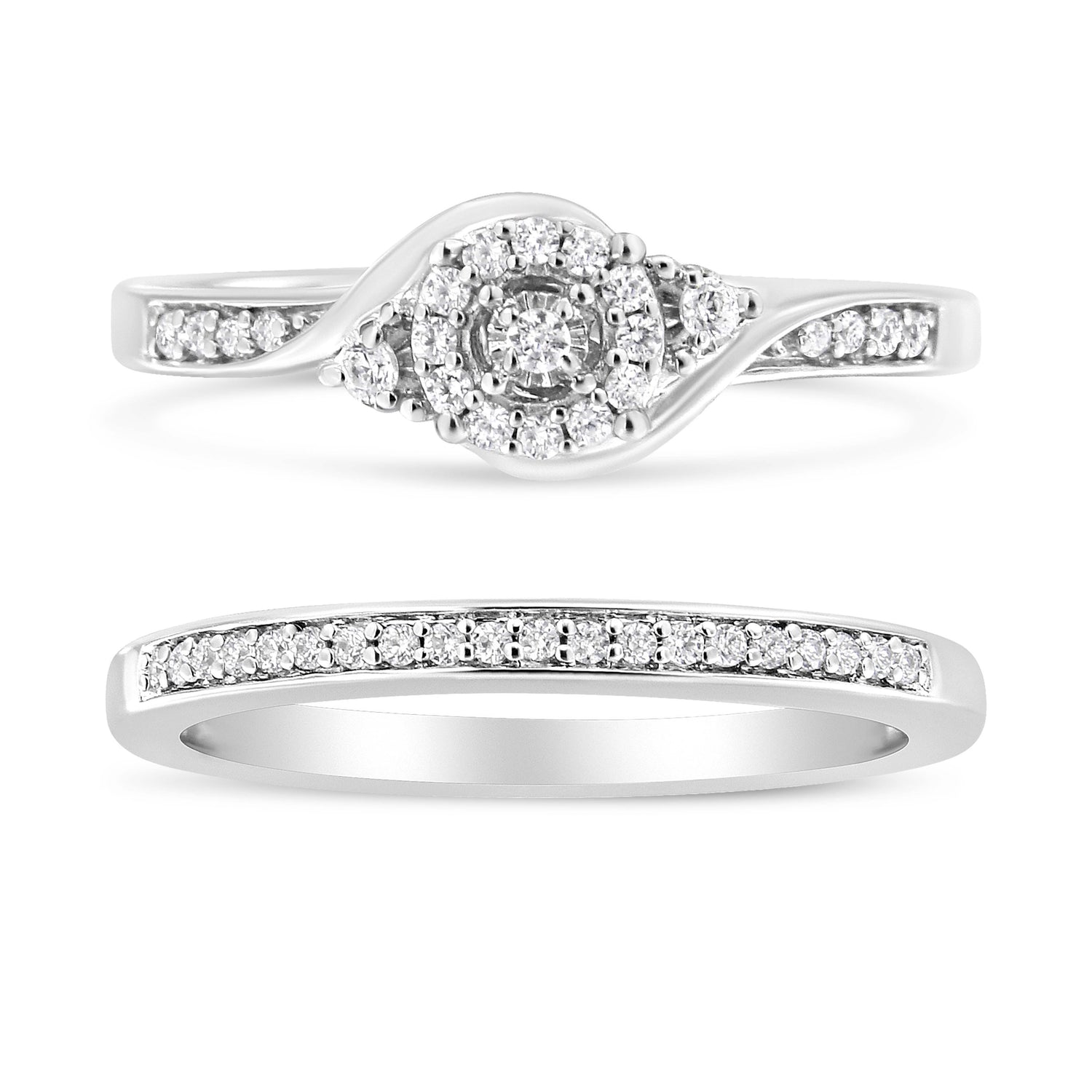 .925 Sterling Silver 1/4 Cttw Diamond Halo and Swirl Engagement Ring and Wedding Band Set (I-J Color, I3 Clarity)- Ring Size 7 by Bids.com