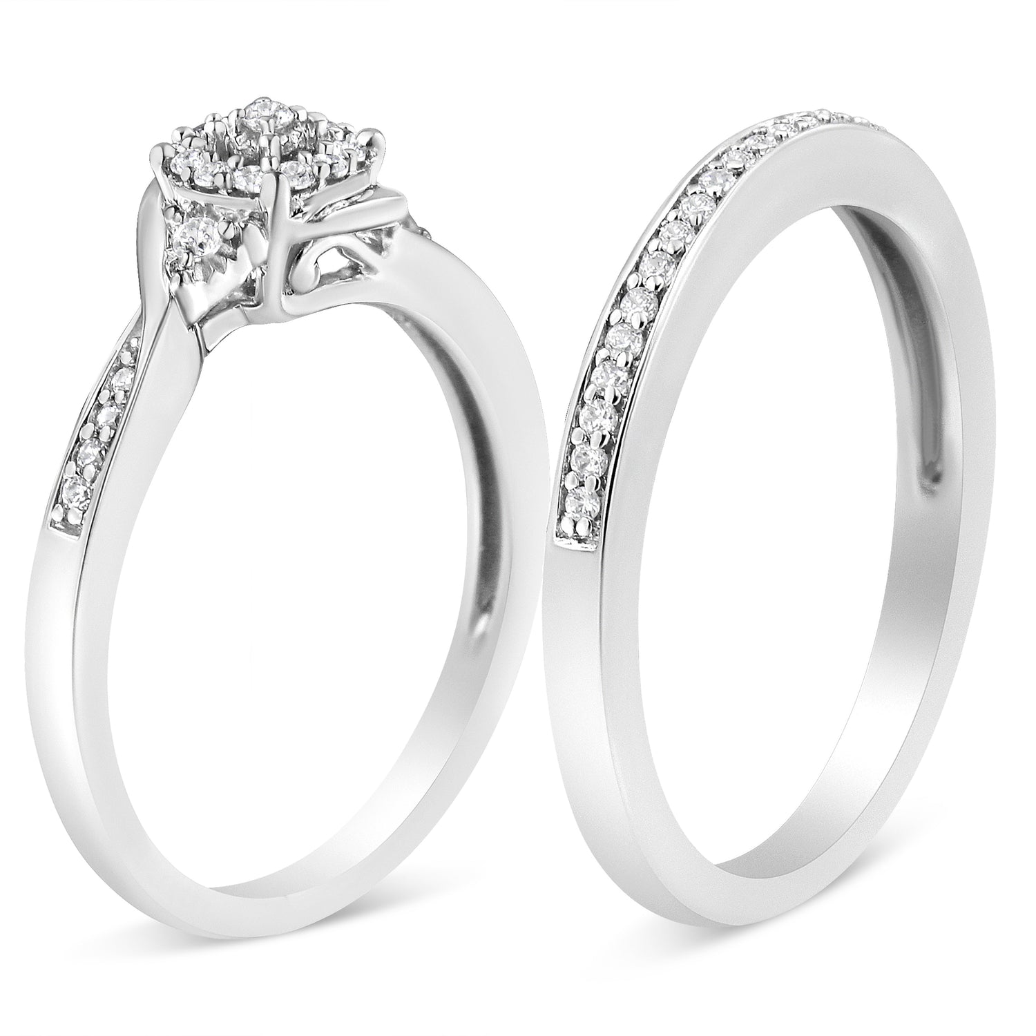 .925 Sterling Silver 1/4 Cttw Diamond Halo and Swirl Engagement Ring and Wedding Band Set (I-J Color, I3 Clarity)- Ring Size 7 by Bids.com