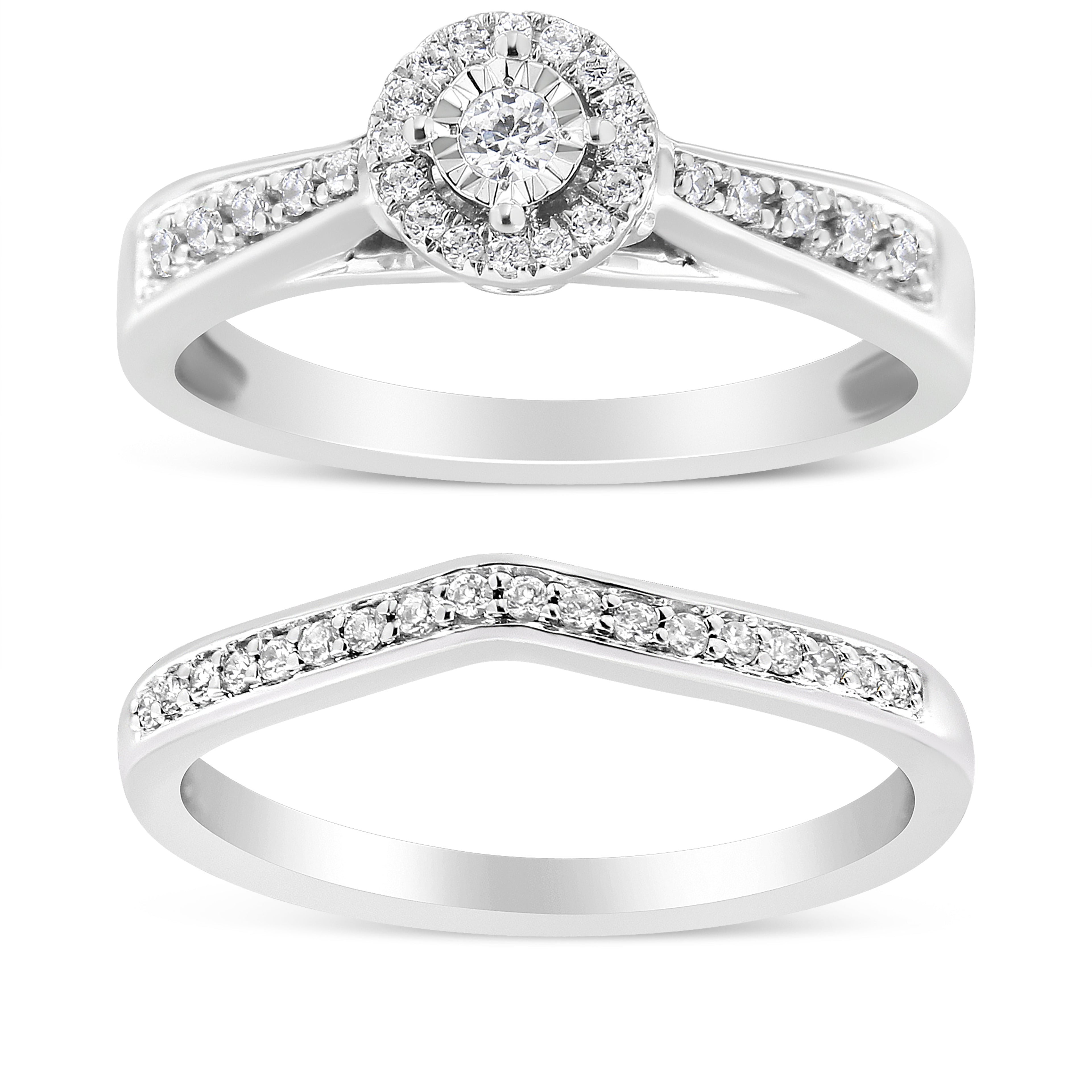 .925 Sterling Silver 1/3 Cttw Diamond Halo and Pave Shank Engagement Ring Set (I-J Color, I3 Clarity) - Ring Size 7 by Bids.com
