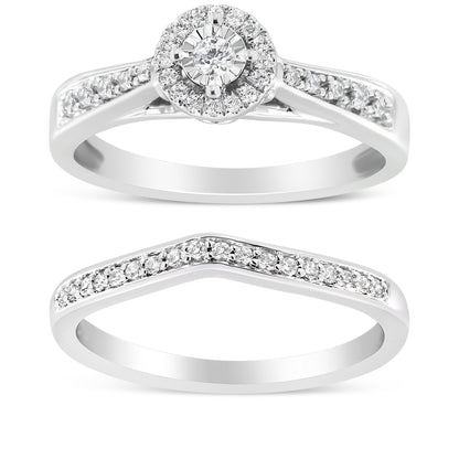 .925 Sterling Silver 1/3 Cttw Diamond Halo and Pave Shank Engagement Ring Set (I-J Color, I3 Clarity) - Ring Size 7 by Bids.com