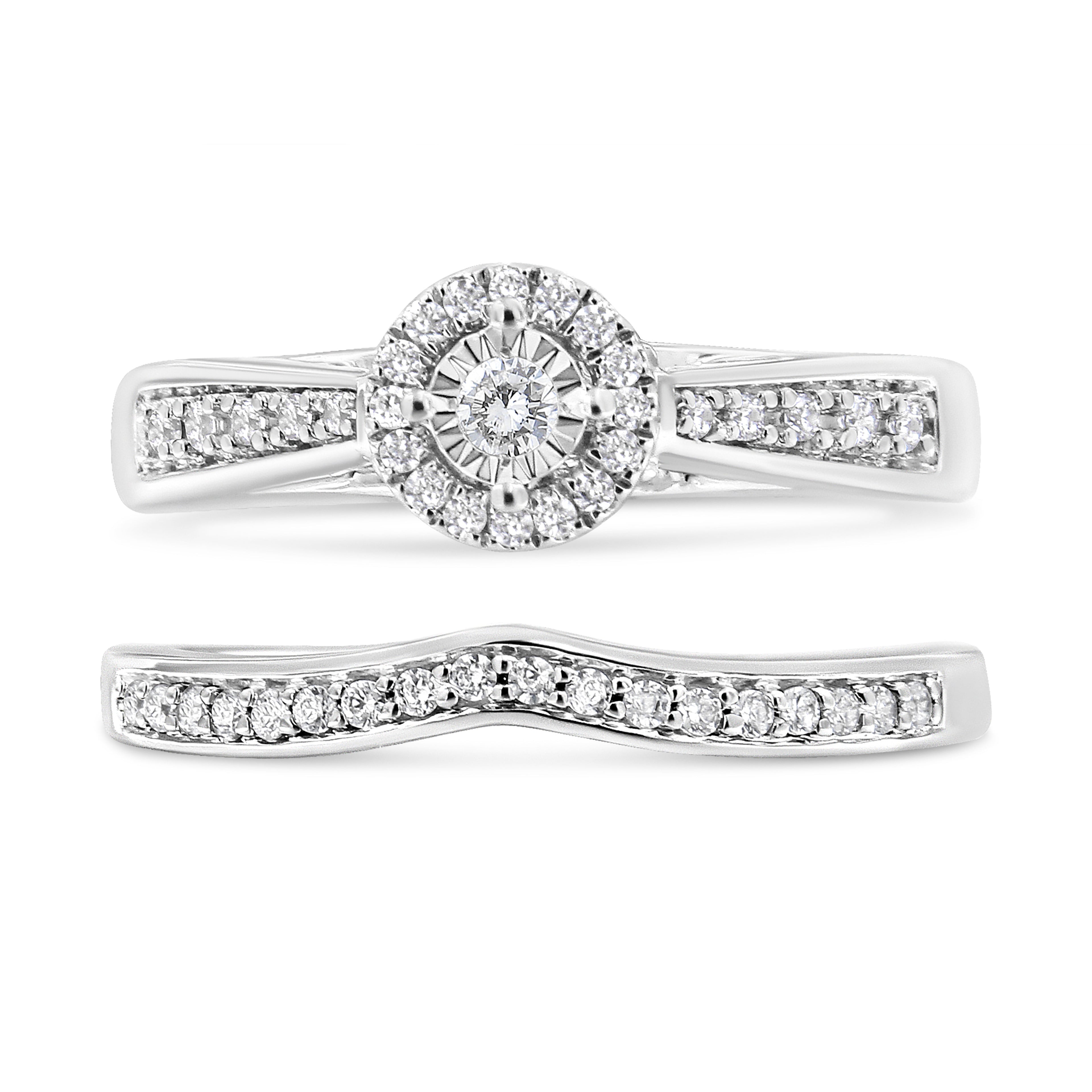 .925 Sterling Silver 1/3 Cttw Diamond Halo and Pave Shank Engagement Ring Set (I-J Color, I3 Clarity) - Ring Size 7 by Bids.com