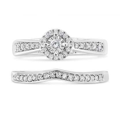 .925 Sterling Silver 1/3 Cttw Diamond Halo and Pave Shank Engagement Ring Set (I-J Color, I3 Clarity) - Ring Size 7 by Bids.com