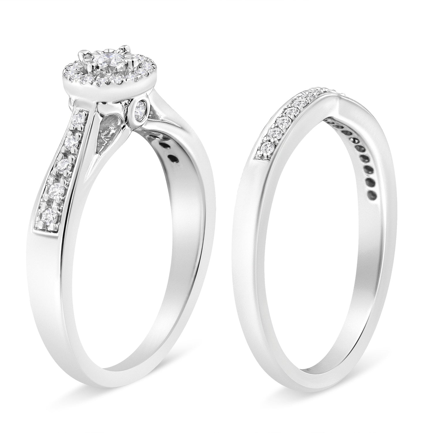 .925 Sterling Silver 1/3 Cttw Diamond Halo and Pave Shank Engagement Ring Set (I-J Color, I3 Clarity) - Ring Size 7 by Bids.com