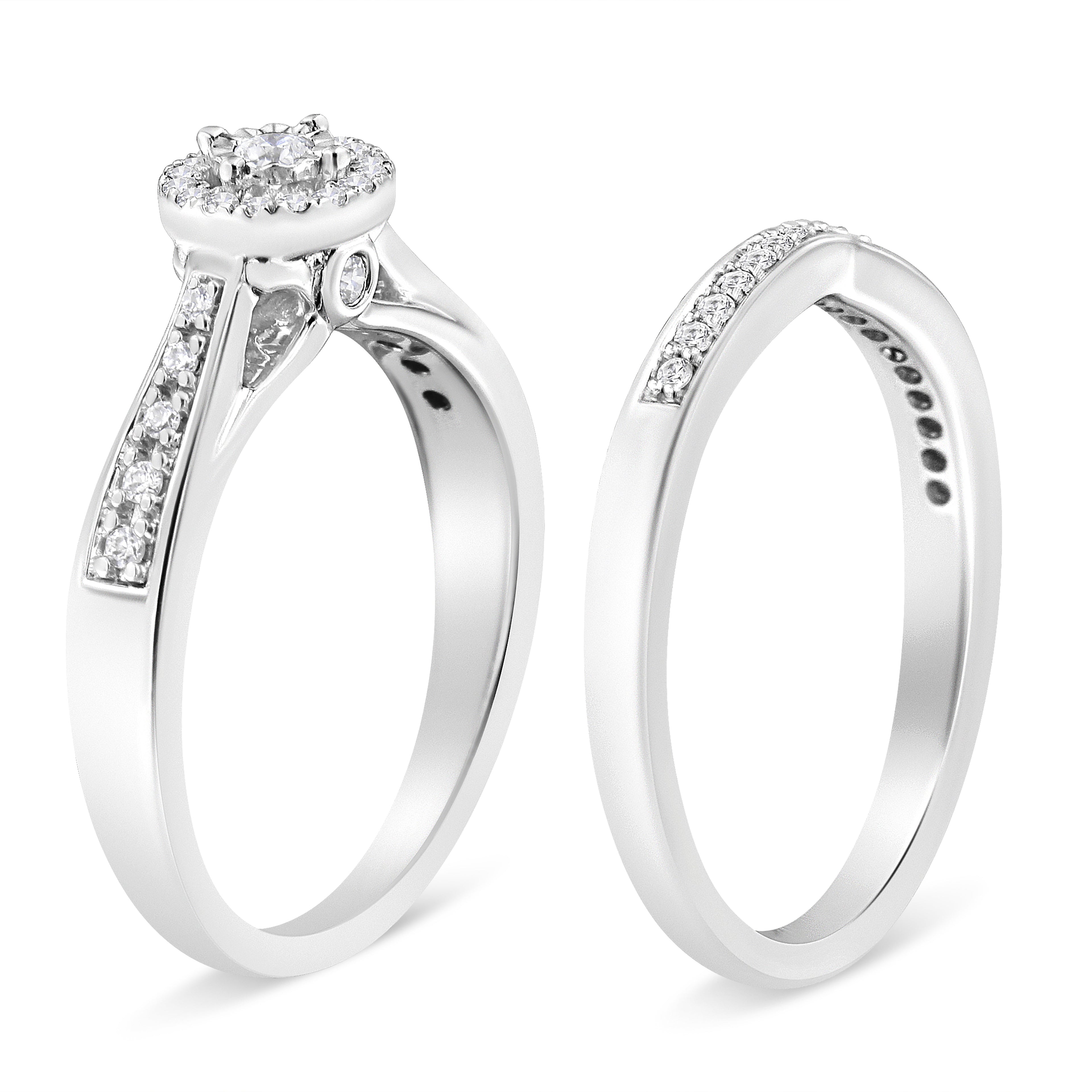 .925 Sterling Silver 1/3 Cttw Diamond Halo and Pave Shank Engagement Ring Set (I-J Color, I3 Clarity) - Ring Size 7 by Bids.com