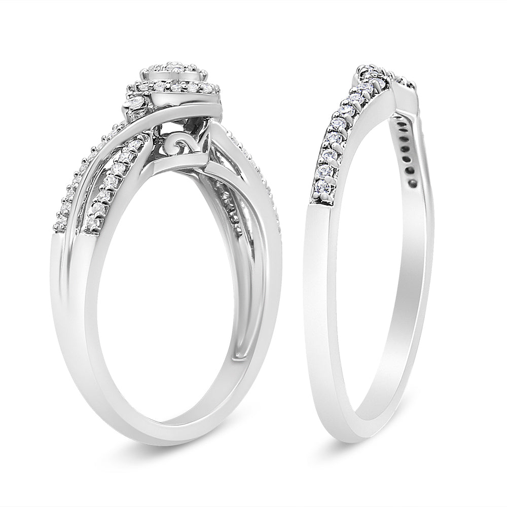 .925 Sterling Silver 1/3 Cttw Composite Diamond Frame Bypass Bridal Set Ring and Band (I-J Color, I2-I3 Clarity) - Ring Size 7 by Bids.com