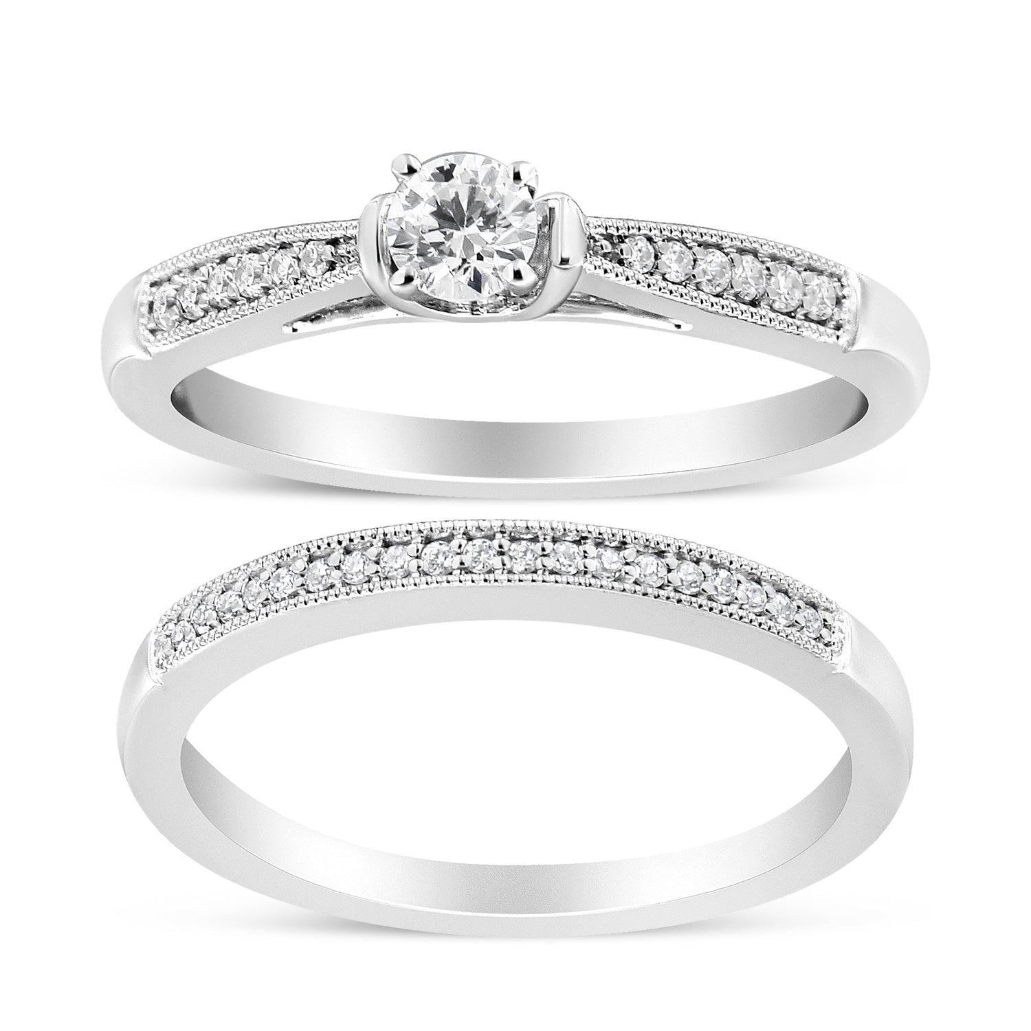 .925 Sterling Silver 1/3 Cttw Diamond Classic Engagement Ring Bridal Set with Milgrain (I-J Color, I3 Clarity) - Ring Size 7 by Bids.com