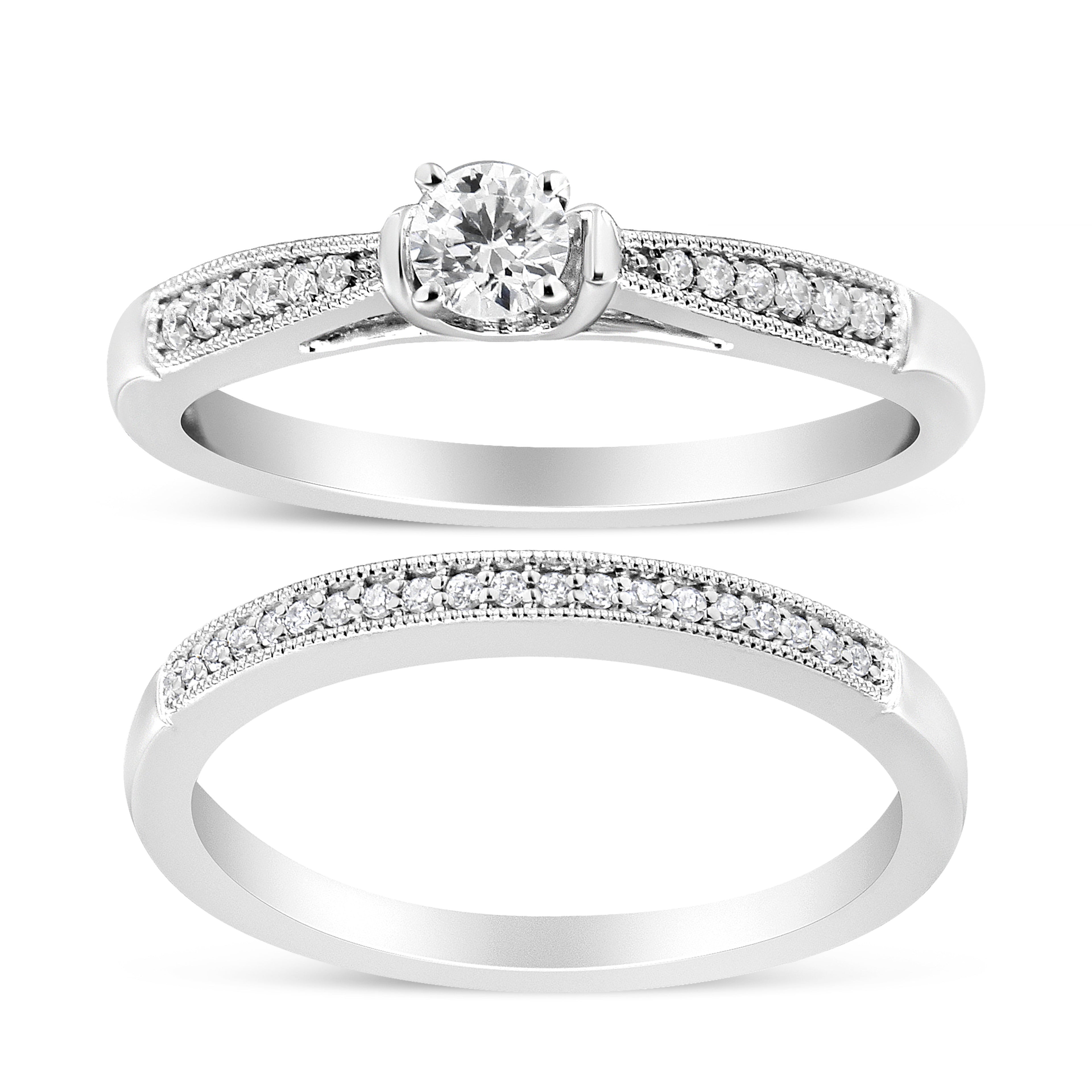 .925 Sterling Silver 1/3 Cttw Diamond Classic Engagement Ring Bridal Set with Milgrain (I-J Color, I3 Clarity) - Ring Size 7 by Bids.com