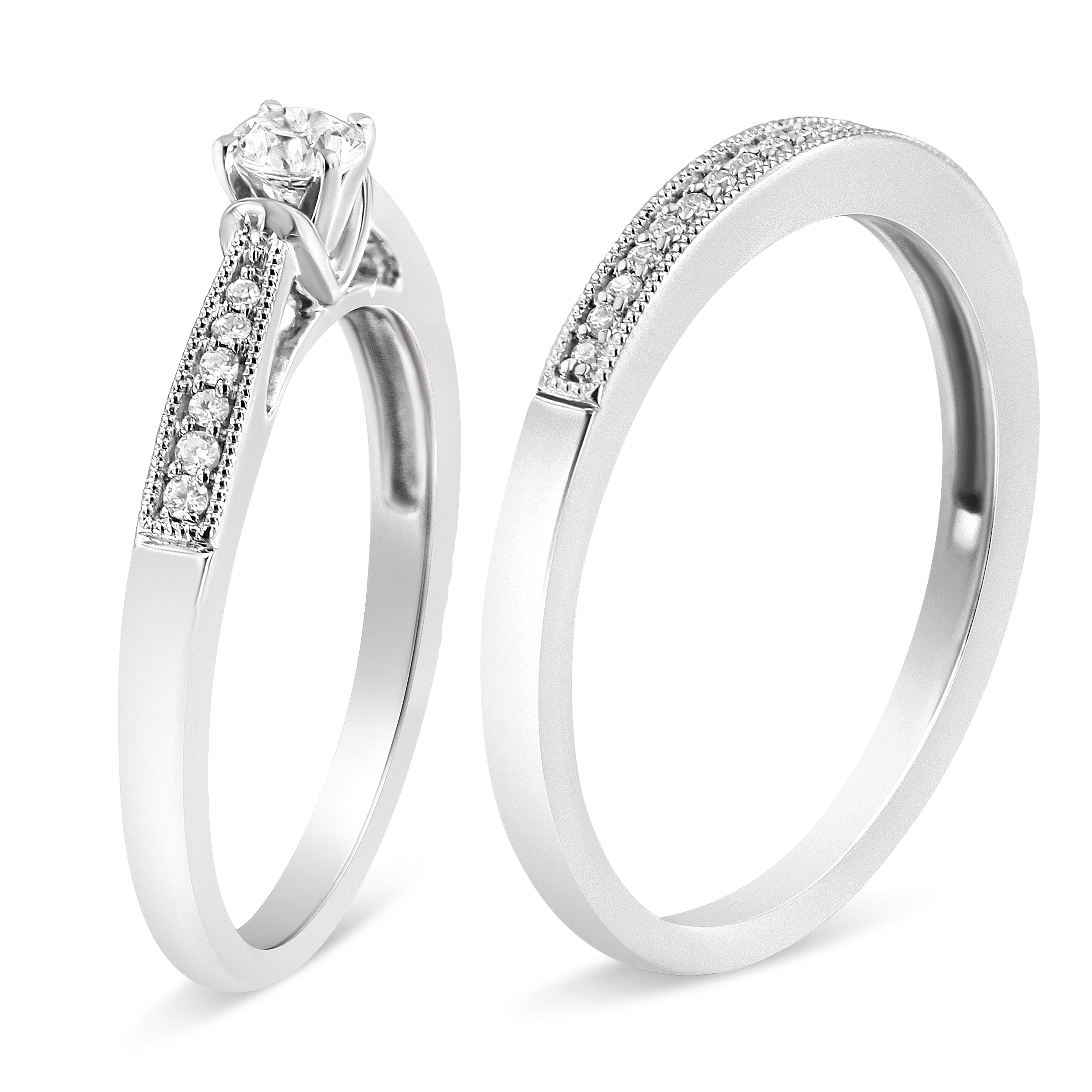 .925 Sterling Silver 1/3 Cttw Diamond Classic Engagement Ring Bridal Set with Milgrain (I-J Color, I3 Clarity) - Ring Size 7 by Bids.com