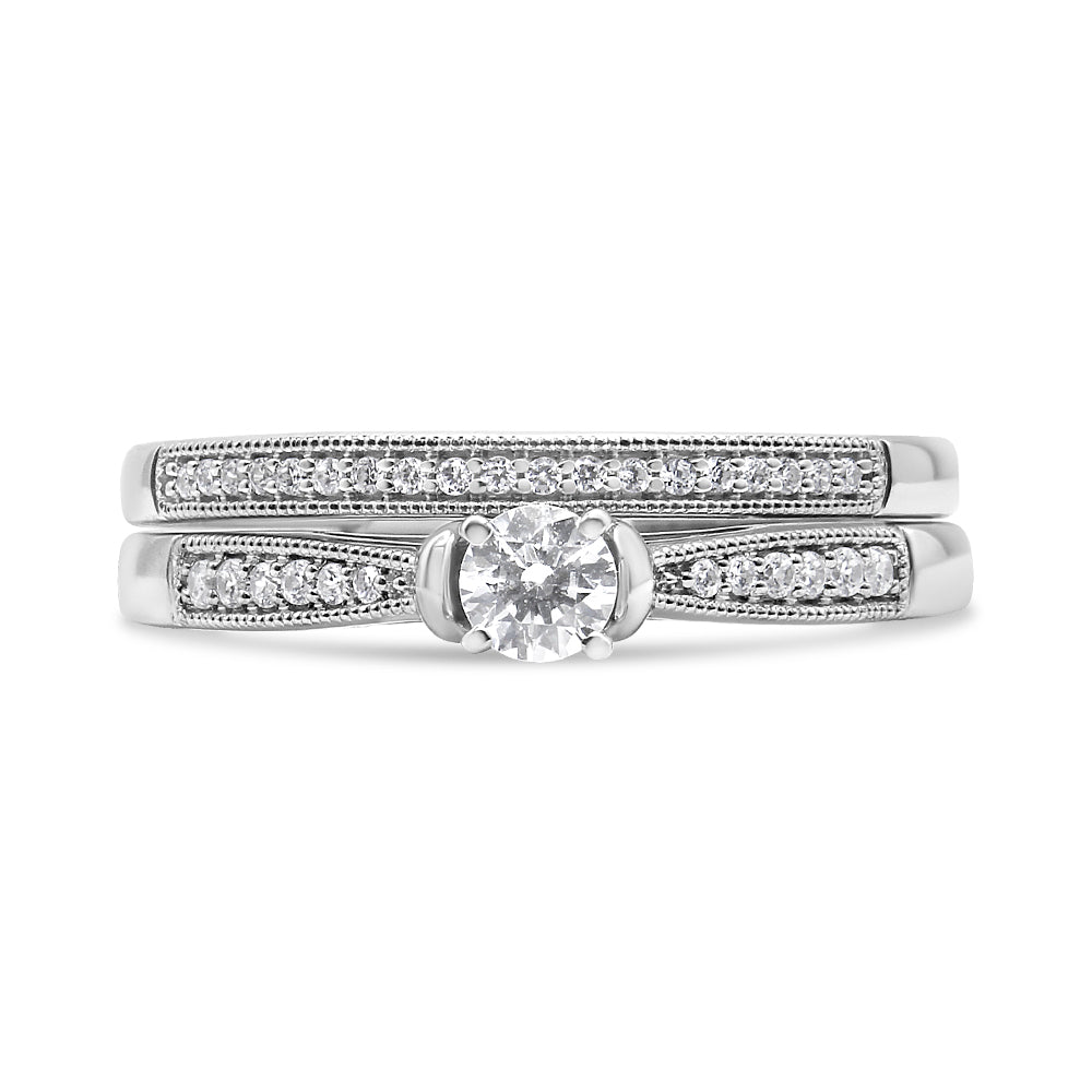 .925 Sterling Silver 1/3 Cttw Diamond Classic Engagement Ring Bridal Set with Milgrain (I-J Color, I3 Clarity) - Ring Size 7 by Bids.com