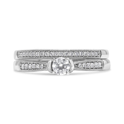 .925 Sterling Silver 1/3 Cttw Diamond Classic Engagement Ring Bridal Set with Milgrain (I-J Color, I3 Clarity) - Ring Size 7 by Bids.com