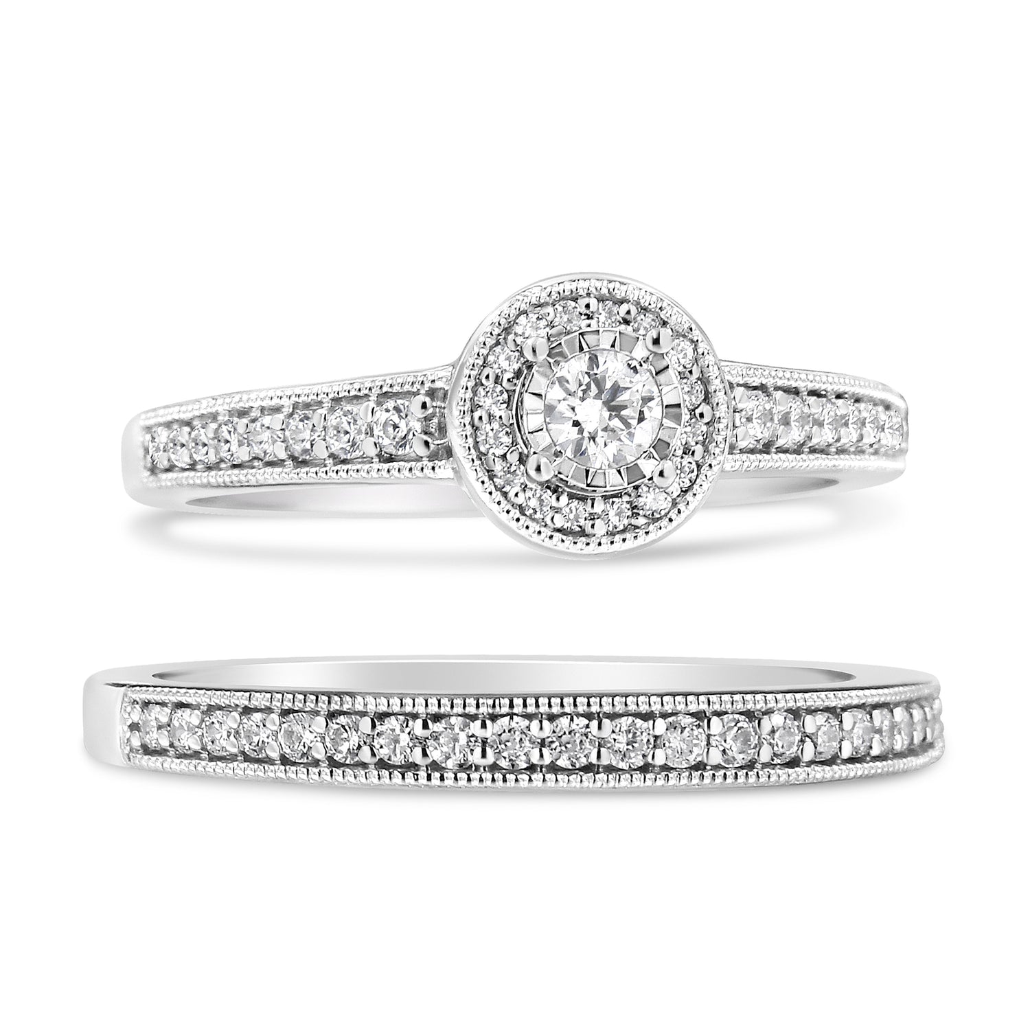 .925 Sterling Silver 1/2 Ctw Diamond Halo and Milgrain Engagement Ring Bridal Set (I-J Color, I3 Clarity) - Ring Size 7 by Bids.com